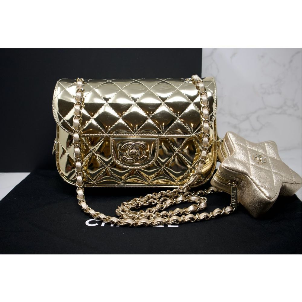 SOLD Chanel 2024 Cruise 24C Gold Patent Leather Mini Rectangle Flap Bag w/ Star